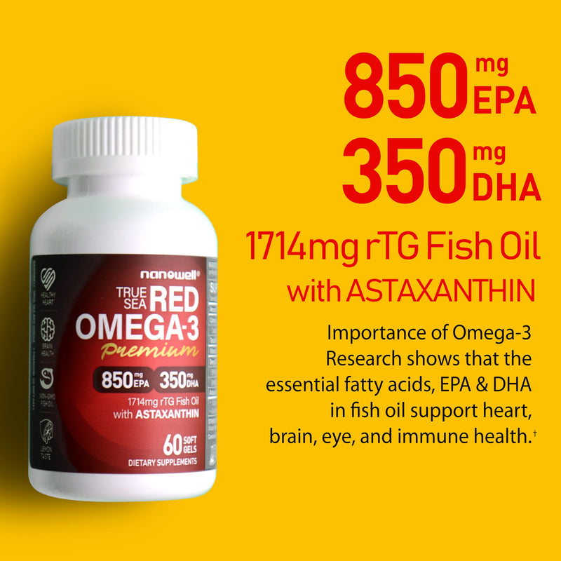 Nanowell True Sea Red Omega-3 Premium with Astaxanthin, DHA & EPA - Immune Support, Fish Oil - 60 Softgels