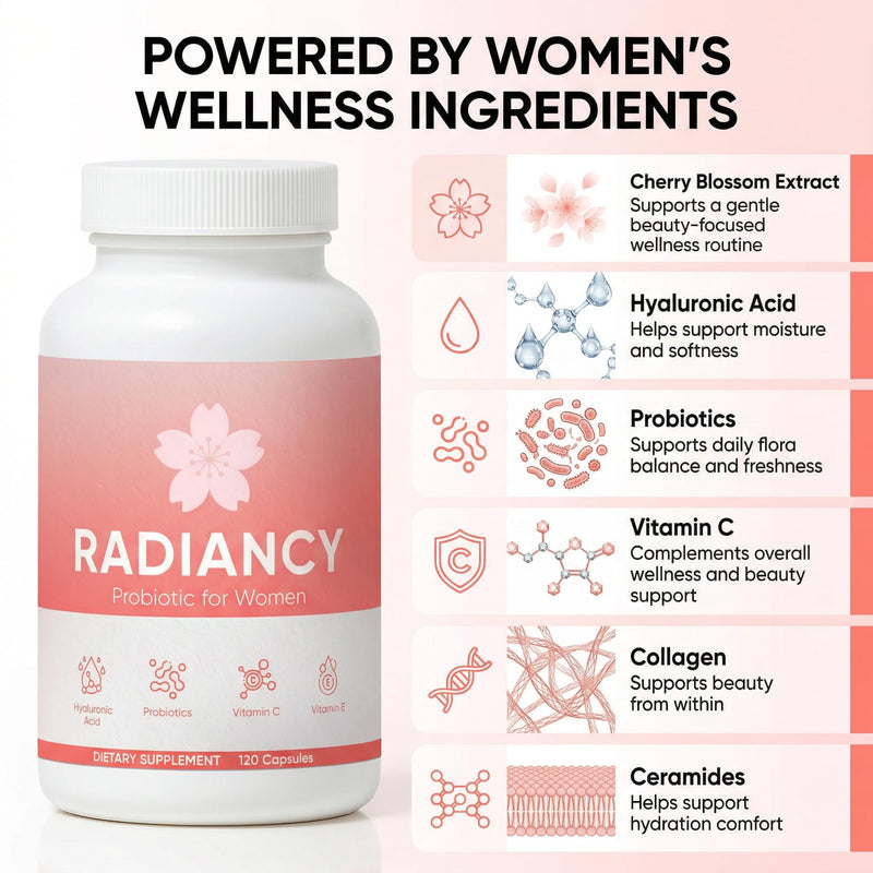 Radiancy Probiotic for Women Vaginal Health, Vaginal Probiotics for Dryness & Ph Balance, Cherry Blossom Extract, Hyaluronic Acid, Probiotics, Vitamin C, 120 Ct 1