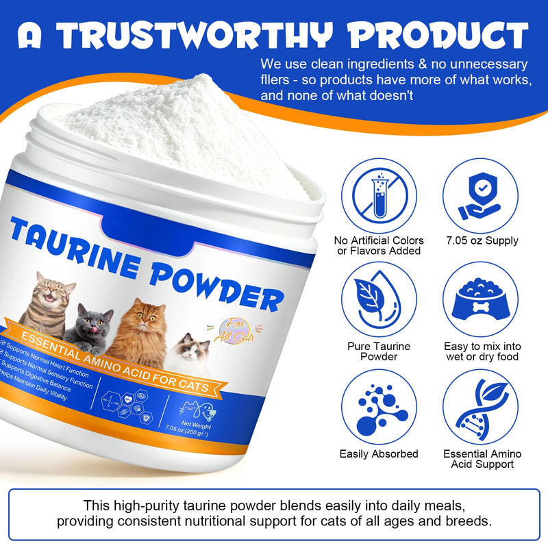 Taurine Powder for Cats 200g | Pure Taurine Amino Acid Supplement for Feline Nutrition | Supports Heart, Vision & Daily Wellness | No Additives, Easy to Mix | for Kittens, Adult & Senior Cats