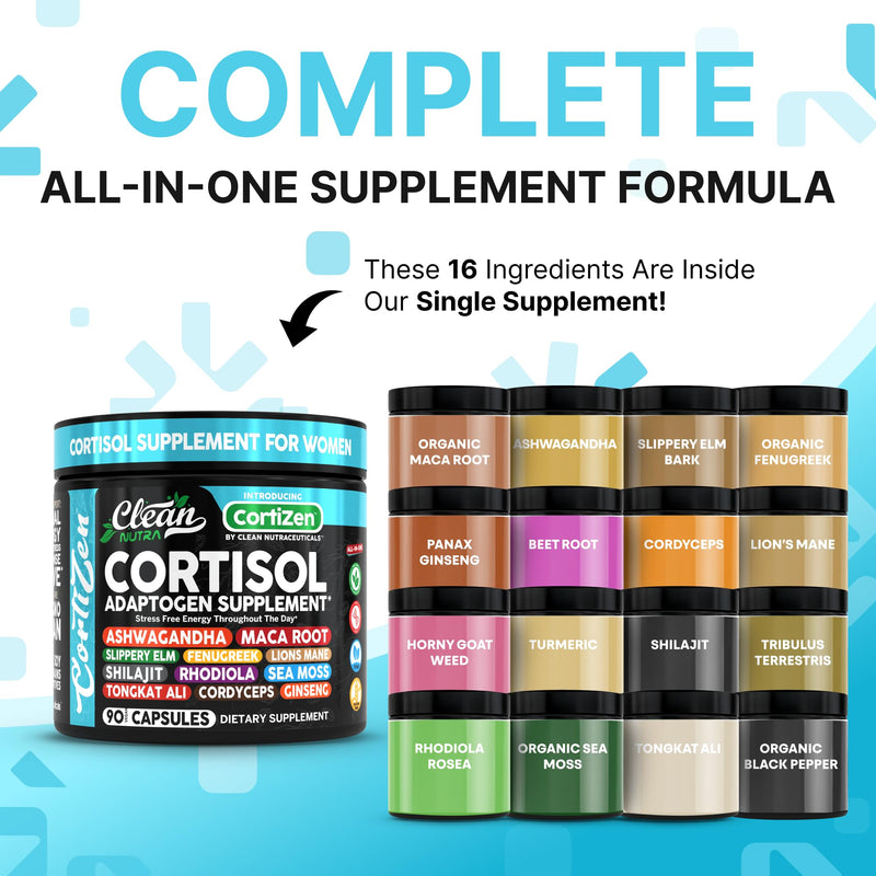Clean Nutra Cortisol Supplements For Women | Maca Root Ashwagandha Cortisol Detox Manager Reducer + Slippery Elm Fenugreek Lions Mane Shilajit Rhodiola Sea Moss Tongkat Ali Cordyceps Ginseng Beet Root 1