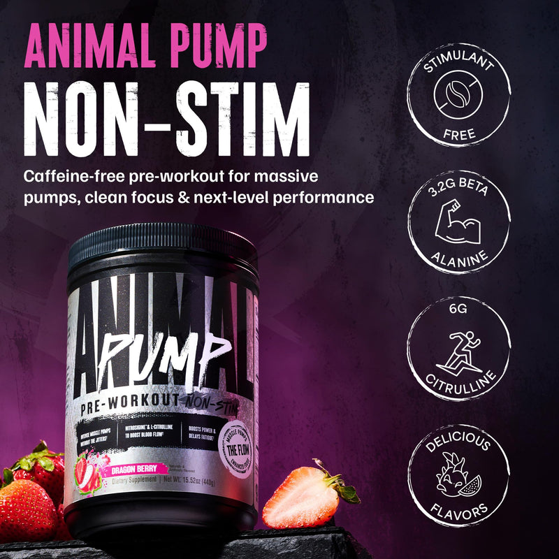 Animal Pump NS Stim-Free Pre-Workout – 6g L-Citrulline + 1.5g Nitrosigine for Pumps, Beta-Alanine & Electrolytes for Endurance, Caffeine-Free Focus, Men & Women – Dragon Berry, 20 Servings