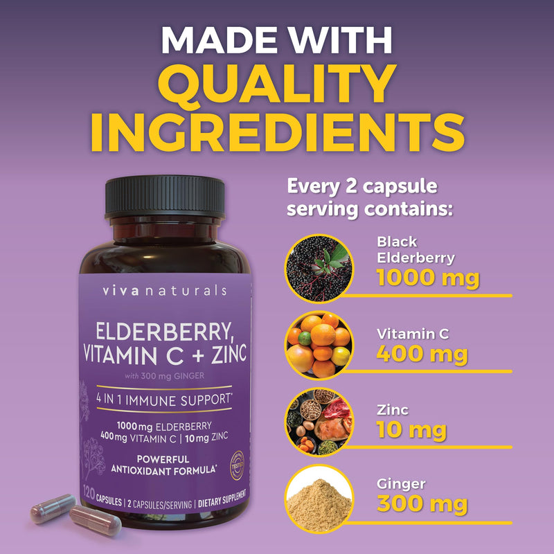 Viva Naturals Elderberry with Vitamin C and Zinc, 120 Capsules - 1000mg Sambucus Elderberry per Serving Immune Support Supplement, Black Elderberry Capsules for Adults, Elderberry Vitamins 120 Count (Pack of 1)