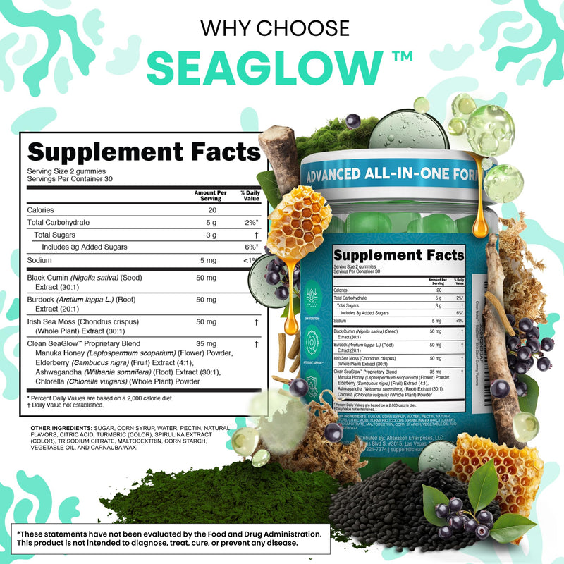 Clean Nutra Sea Moss Gummies Black Seed Oil Chlorella Ashwagandha Root Hair Growth Skin Glow Irish Sea Moss Elderberry Burdock Manuka Honey Trace Minerals Detox 60 Gummy Vitamins Sea Glow Supplement