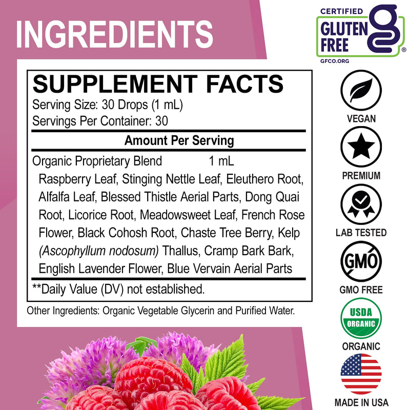Hormone Balance for Women & PMS Relief - Women's Wellness Organic Hormonal Balance Supplements Liquid Drops & Menstrual Cramp Period Support - Raspberry Leaf, Chasteberry, Black Cohosh Supplement 1 Oz