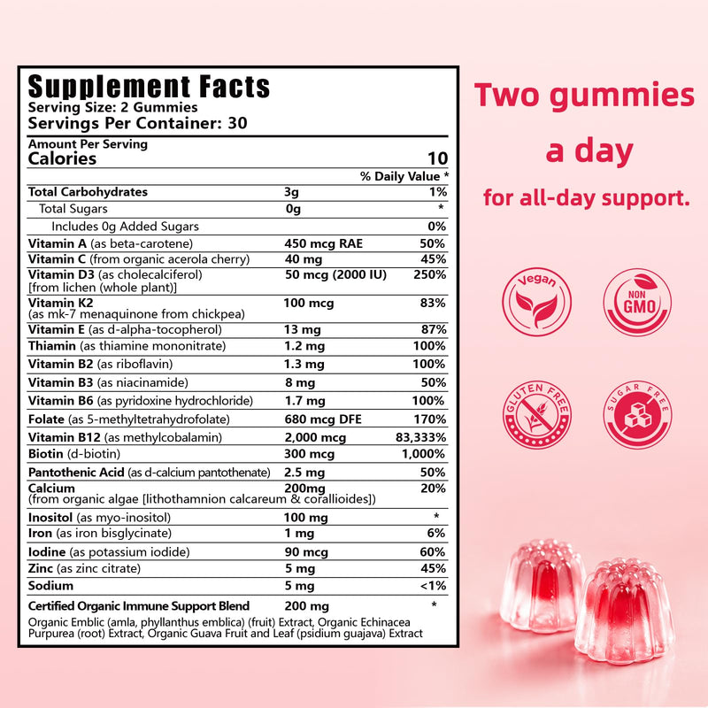 Women’s Methylated Multivitamin Gummies – with Iron, Biotin, Methylfolate, B-Complex, Vitamins A, C, D, K2, Zinc & Organic Immune Blend – Energy, Immune, Bone, Skin, Hair, Sugar Free, Vegan – 60 Count