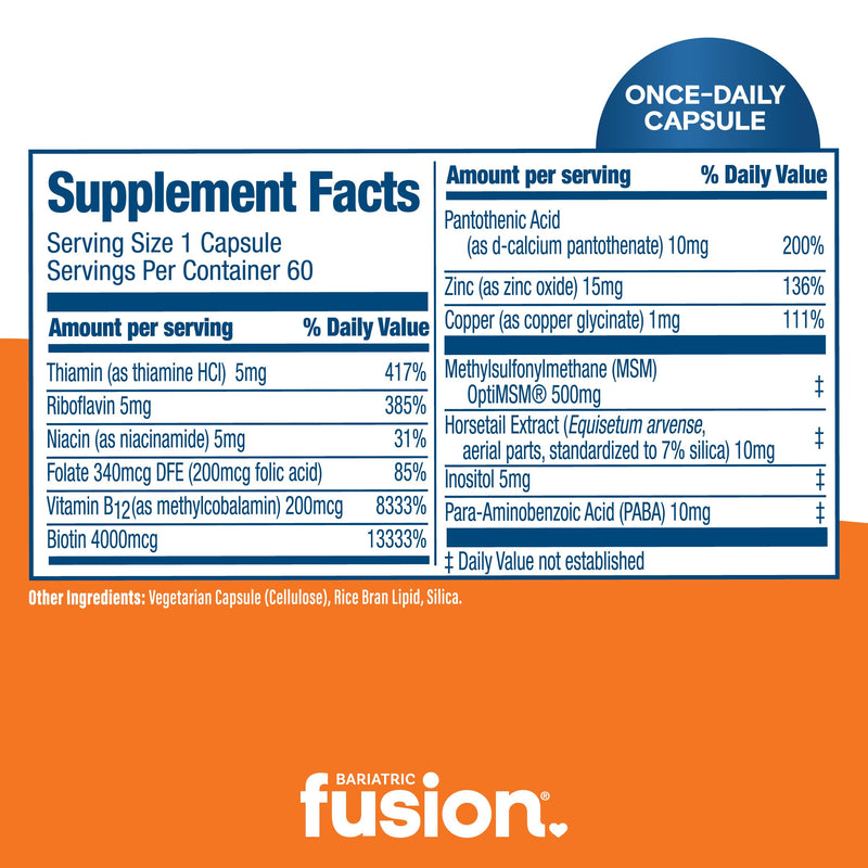 Bariatric Fusion ONE Per Day Bariatric Hair Skin and Nails Vitamins REJUVENATOR for Women | Vegan Hair Growth Vitamins with Biotin, Vitamin B12, and B1 | Easy to Swallow | 60 Capsules 60 Count (Pack of 1)