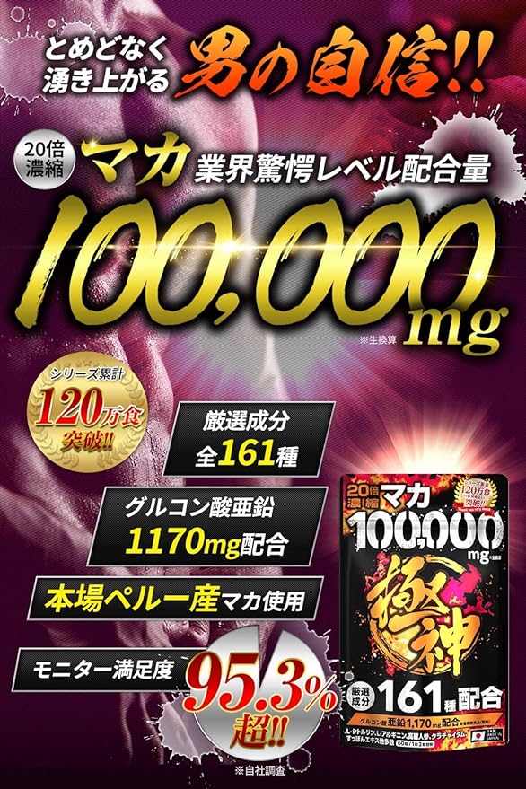 Gokushin Maca 100,000mg Supplement Gluconate Zinc 1,170mg Citrulline Arginine Supplement 60 tablets containing 161 carefully selected ingredients - BeesActive Australia