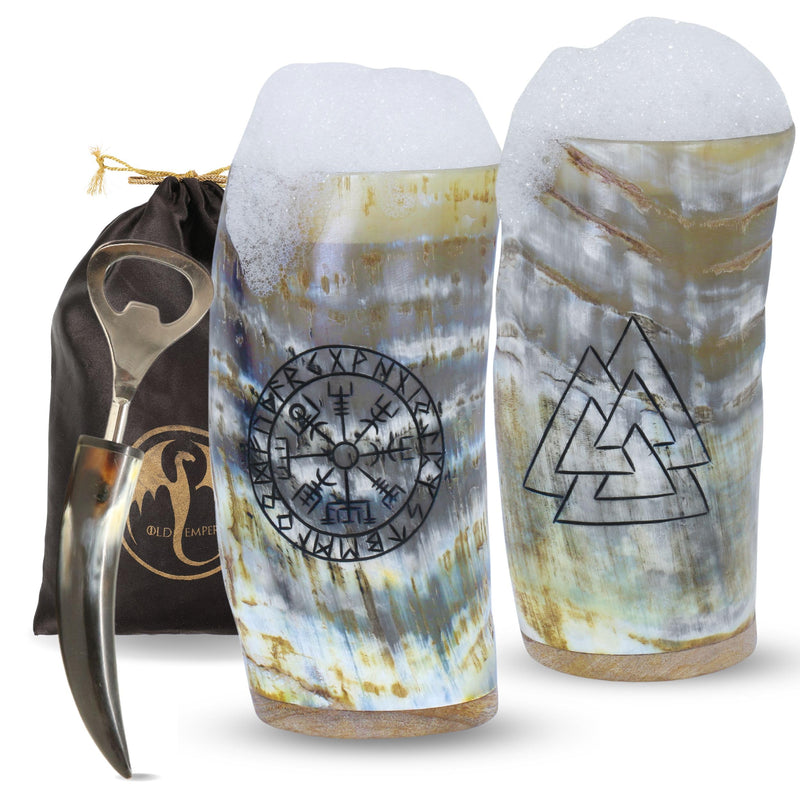 Viking Drinking Horn Cups Set of 2 with Bottle Opener | 8oz Handcrafted Natural Ox Horn Tumblers | Engraved Compass & Valknut | Food Safe | Viking Chirstmas Gifts for Men&Women - BeesActive Australia