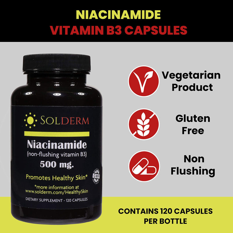 Niacinamide Non-Flushing Vitamin B3 Supplement | Vegetarian and Gluten-Free Vitamin Niacinamide Tablets with Vegetable Cellulose Casings | Promotes Healthy Skin | 120 Capsules | 500mg | Vegetarian and Gluten-Free, Vitamin Niacinamide Tablets, Vegetable...