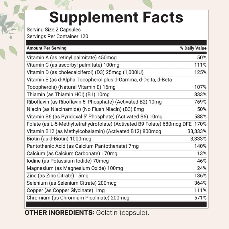 Micro Ingredients Pure Methylated Multivitamin Supplement, 240 Capsules | 19-in-1 Formula with Methylfolate, Methyl B12, Vitamins C, D, Magnesium & Zinc. For Women & Men. Iron Free, Filler Free. 240 Count (Pack of 1)