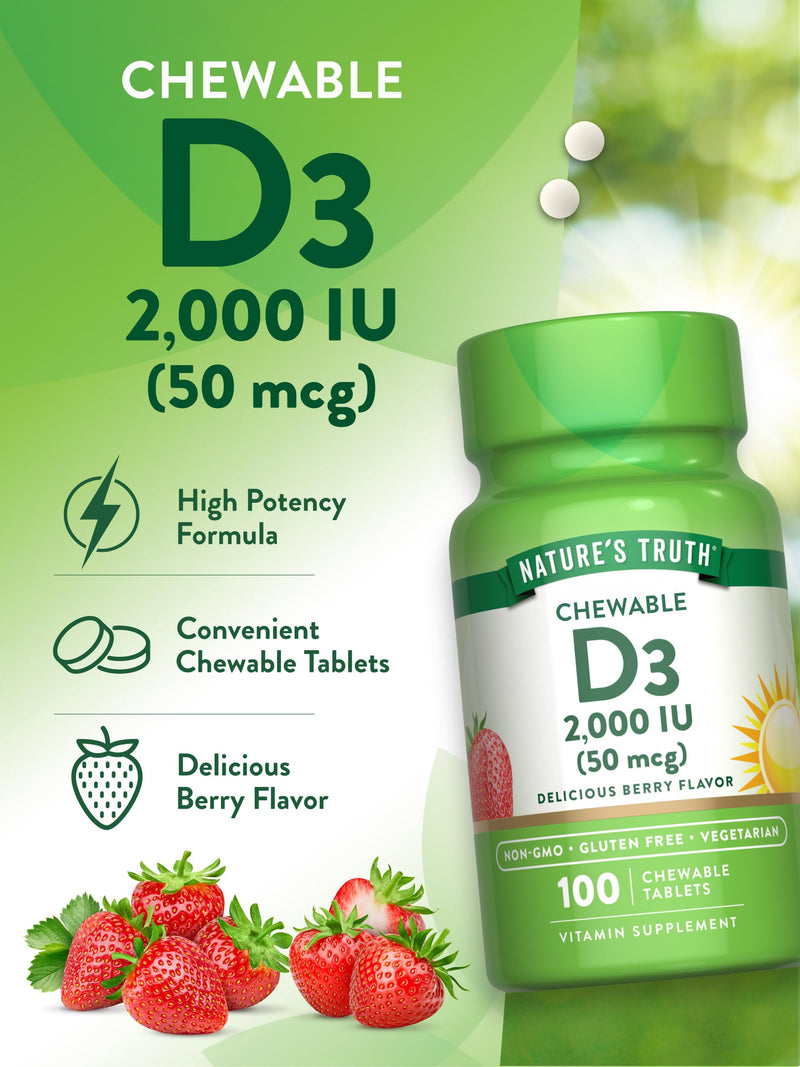 Nature's Truth Chewable Vitamin D3 | 2,000 IU | 100 Tablets | Berry Flavor | Vegetarian, Non-GMO, & Gluten Free Supplement