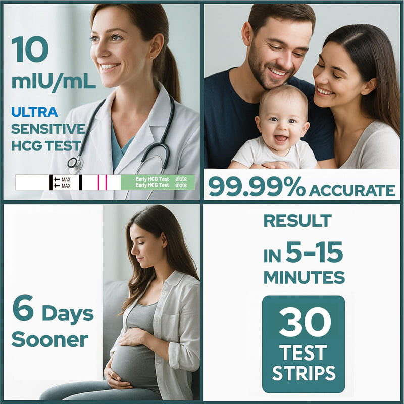 Elate HCG Pregnancy Test Strips 30 Count - 99.99% Accurate, 10mIU/mL, Early Detection 6-Days Before Missed Period, Bulk EPT, Easy Home Use, 5mm Dip 1 Count (Pack of 30) - BeesActive Australia