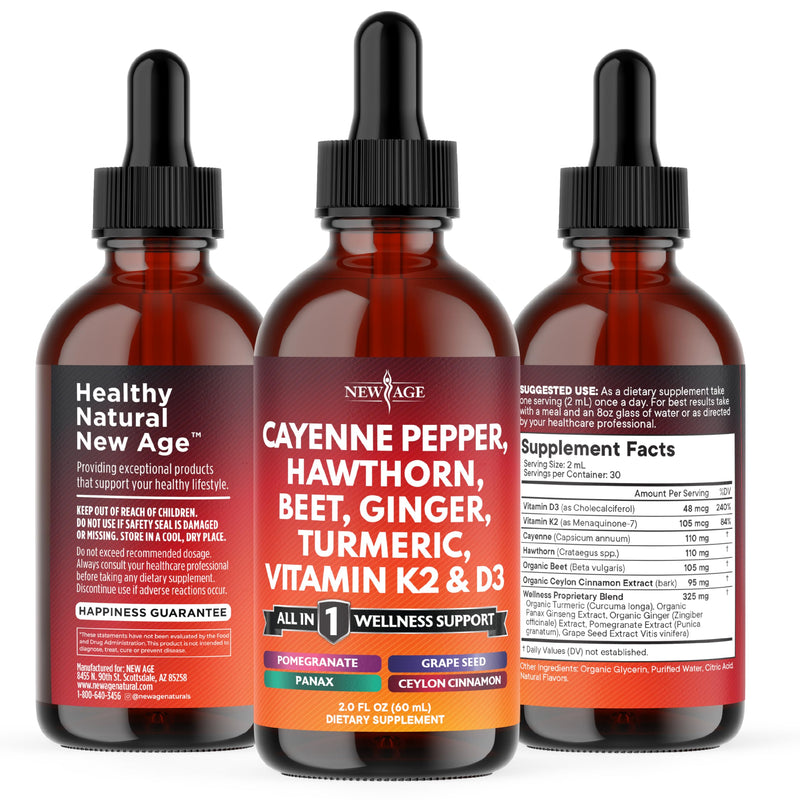 Cayenne Pepper Supplement Liquid Drops + Hawthorn Berry, Vitamin D3 K2 Beet Root Powder, Ceylon Cinnamon, Turmeric Curcumin, Organic Panax Ginseng - 4oz 2 Fl Oz (Pack of 2)