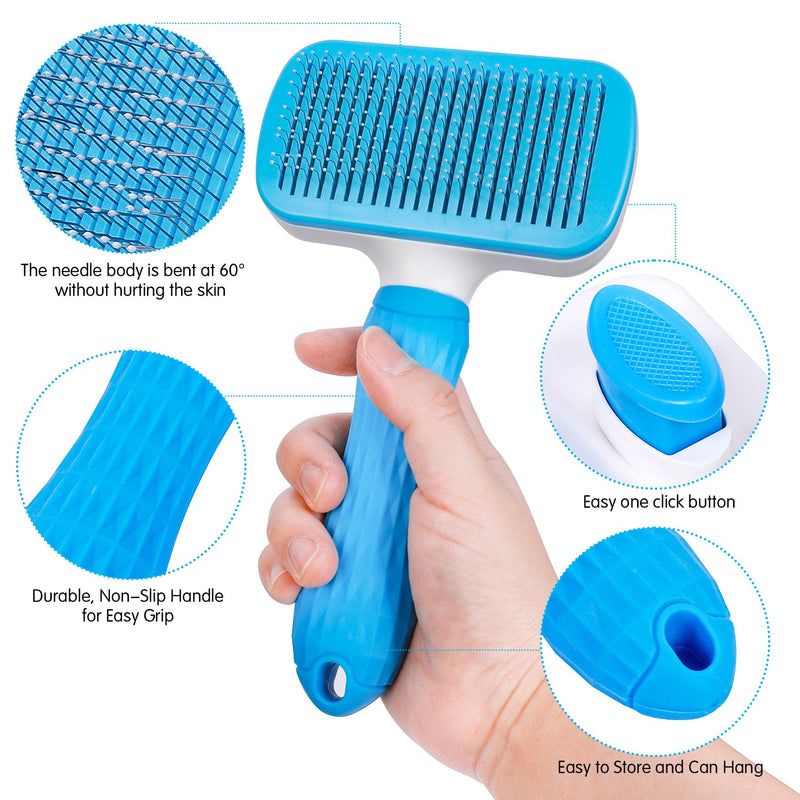 Dog & Cat Brush, Self Cleaning Slicker Brush for Pets, Upgraded Dog Brush for Shedding Massaging and Grooming, Removes Loose Undercoat & Portable Comb for Long Short Haired Dogs(Blue) 1 Regular Blue - BeesActive Australia