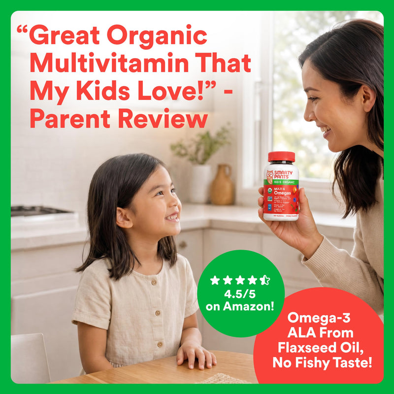 SmartyPants Organic Kids Multivitamin Gummies: Omega 3 (ALA), Beta Carotene, Vitamin B12, B6, A, K & Zinc for Immune Support, Biotin, Vegetarian, Three Fruit Flavors, 120 Count (30 Day Supply) 1 Count (Pack of 1) Organic + Omega
