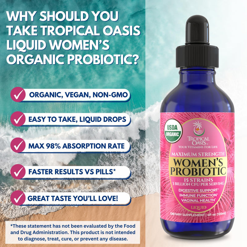 USDA Organic Liquid Probiotic for Women | PH Balance, UT, & Feminine Health | Digestive Support, Immune & Gut Health | 15 Clinically Studied Strains | 98% Absorption | Vegan, Non-GMO | 40 Servings 4 Fl Oz (Pack of 1)