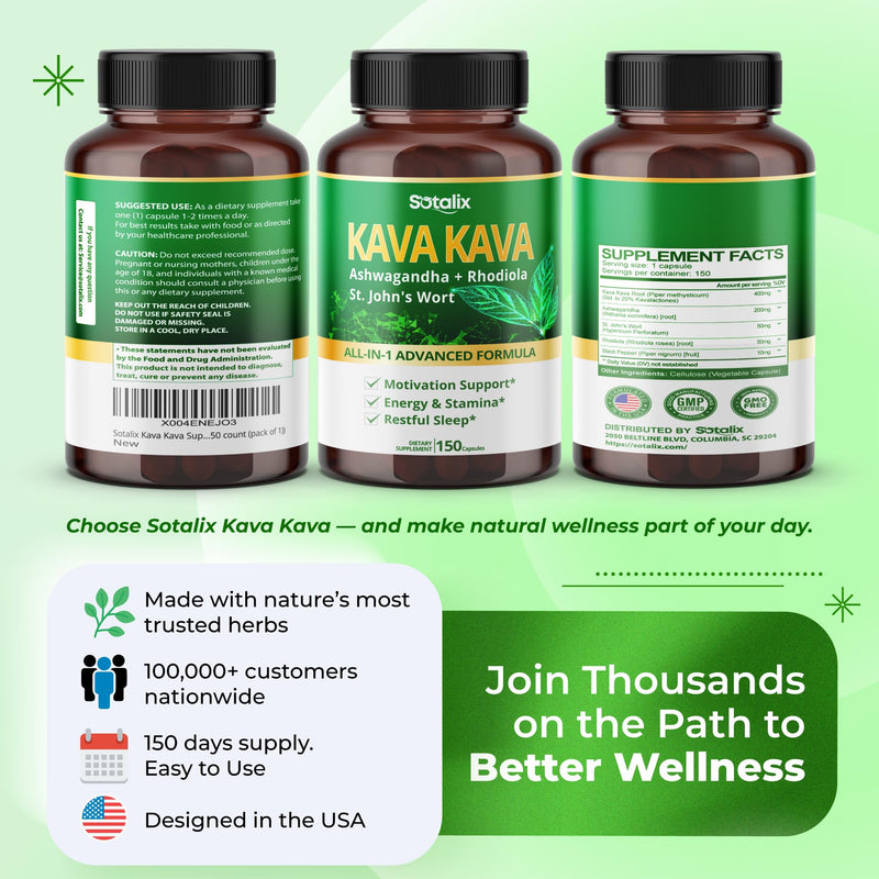 Sotalix Kava Kava Supplement with Ashwagandha Rhodiola St. John's Wort for Mood, Energy & Calming Support - USA Made & Tested (150 Count (Pack of 1))