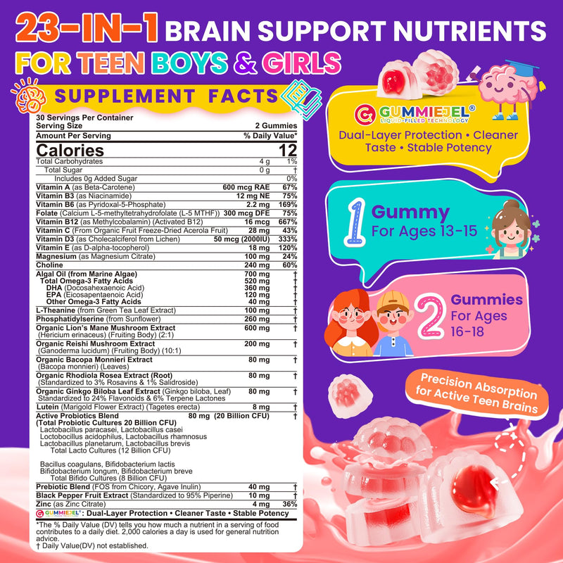 LILICARE Teen Brain Focus Vitamin Gummies with Omega-3,Lion's Mane Mushroom | 23-IN-1 Advanced Teens Brain Formula Helps Support Focus, Memory & Mental Performance for During School, Study & Exams 60 Count (Pack of 1) Teens Brain Gummies, 60 Count