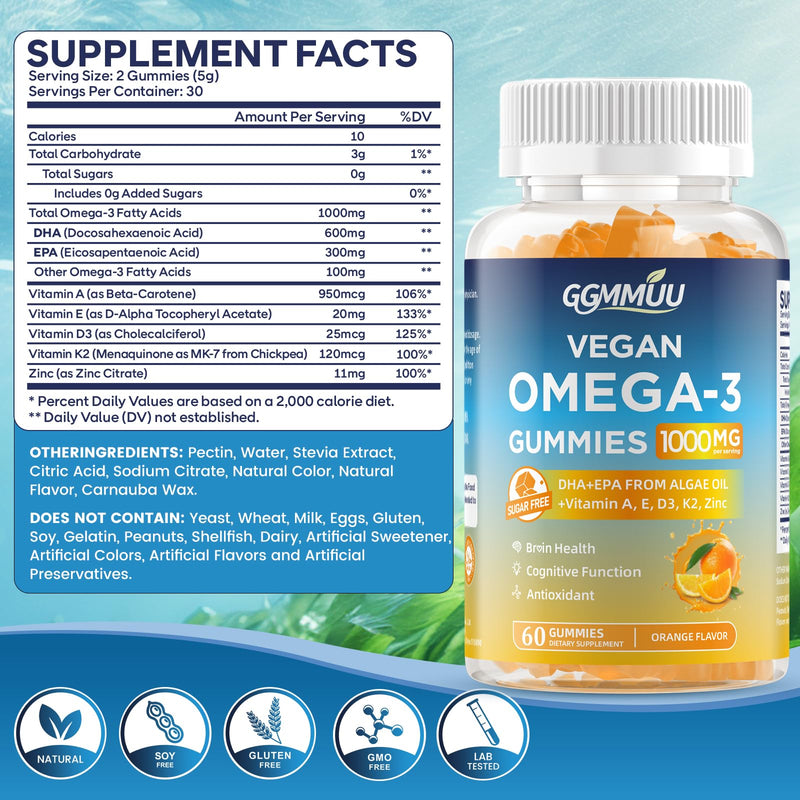Vegan Omega 3 Gummies 1000mg, Orange Flavor, Sugar Free, 60 Count | Algal Oil Supplement with 600mg DHA & 300mg EPA for Eye & Immune Support, Non-GMO, Gluten Free, Pectin Based, No Fishy Burps 60 Count (Pack of 1)