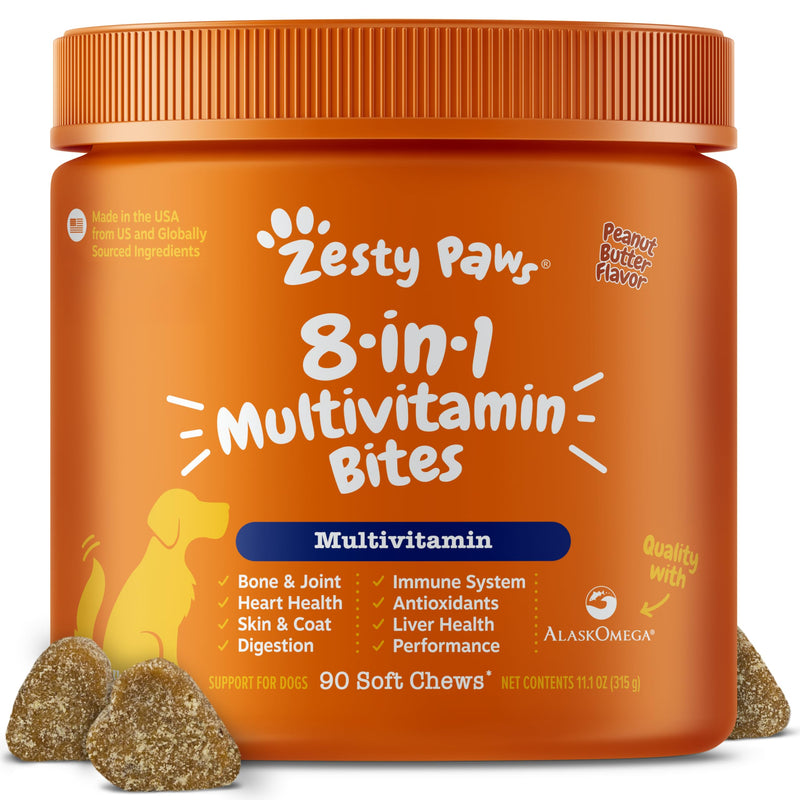 Zesty Paws Multivitamin Treats for Dogs, Glucosamine Chondroitin Joint Support + Digestive Enzymes & Probiotics, Grain Free Dog Vitamins and Supplements for Skin & Coat, Peanut Butter - 90ct Peanut Butter - 8-in-1 90 Count (Pack of 1)