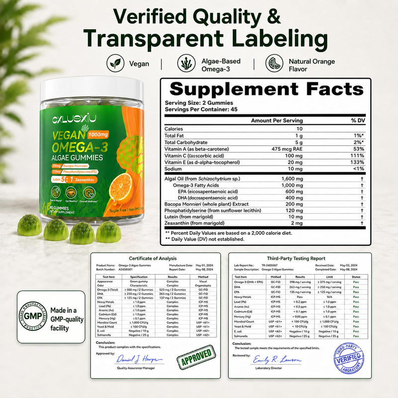 Vegan Omega 3 Gummies Supplements for Adults: Algal Omega 1600mg with DHA EPA Support Heart Joint Eye Brain Immune Health, Alternative to Fish Oil No Fishy Taste Sugar Free, 90 CT 90 Count (Pack of 1)