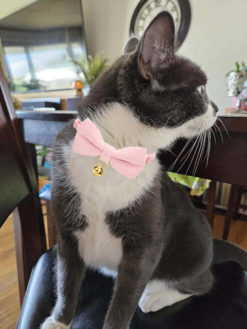 Cotton Breakaway Cat Collar with Bowtie and Bell, Adjustable Cute Soft Corduroy Kitten Collars for Girl Cats,Pink Neck 7.5" - 11.0" Pink - BeesActive Australia