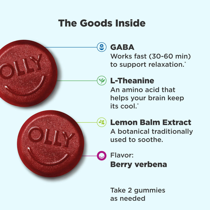 OLLY Goodbye Stress Gummy,GABA,L-Theanine,Lemon Balm,Stress Relief Supplement,Berry -,74 Count (Pack of 2) 74 Count (Pack of 2)