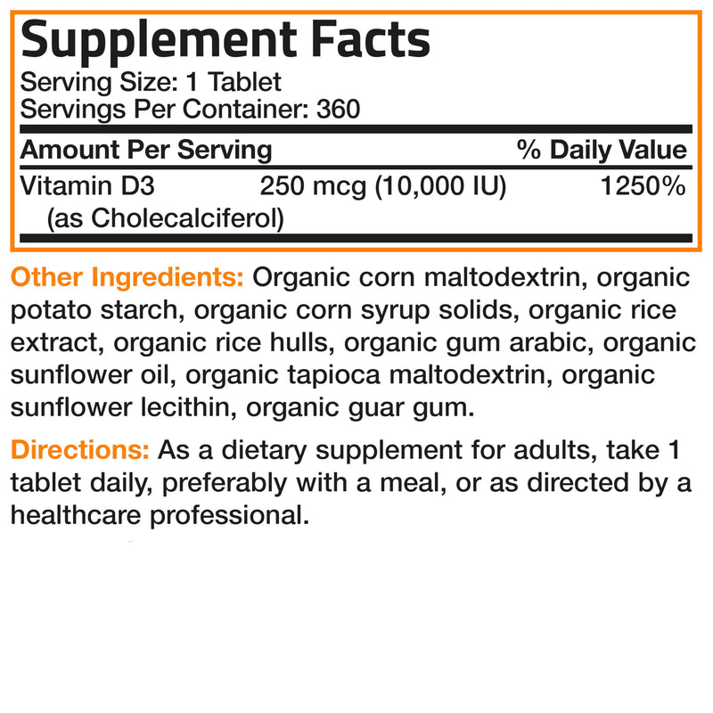 Bronson Vitamin D3 10,000 IU (250 mcg), USDA Certified Organic, 360 Tablets | Bone, Muscle, Immune & Nervous System Support, Non-GMO, Gluten-Free, Soy-Free, Wheat-Free & Nut-Free 360 Count (Pack of 1)