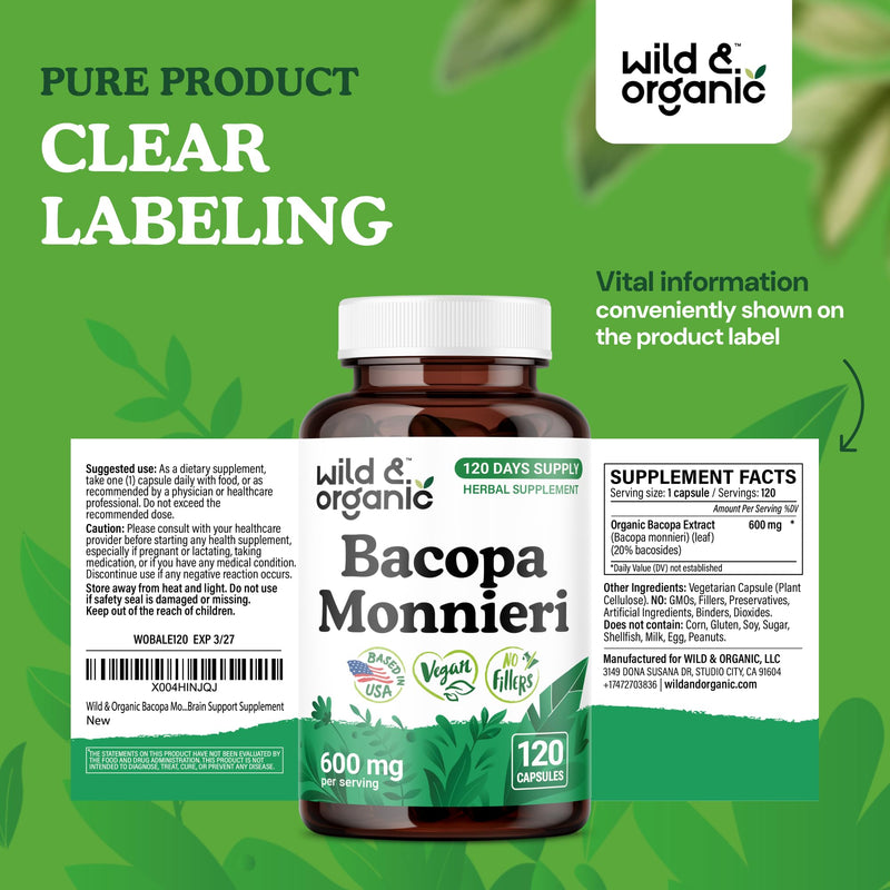 Wild & Organic Bacopa Monnieri Capsules 600 mg - Brain Support - Natural Bacopa Supplements - Brahmi Capsules - 120 Days of Supply - Vegan, No Fillers, Non-GMO - 120 Count