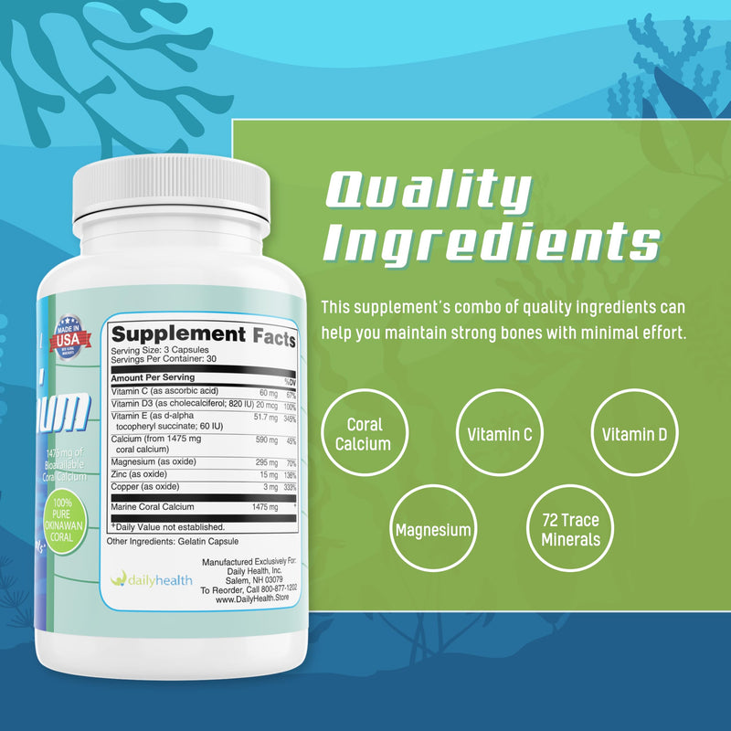 Daily Health, Coral Calcium Pure Okinawa - Marine-Grade Supplement with 72 Trace Minerals - 1475mg, 90 Vegetable Capsules (1 Month Supply) 1