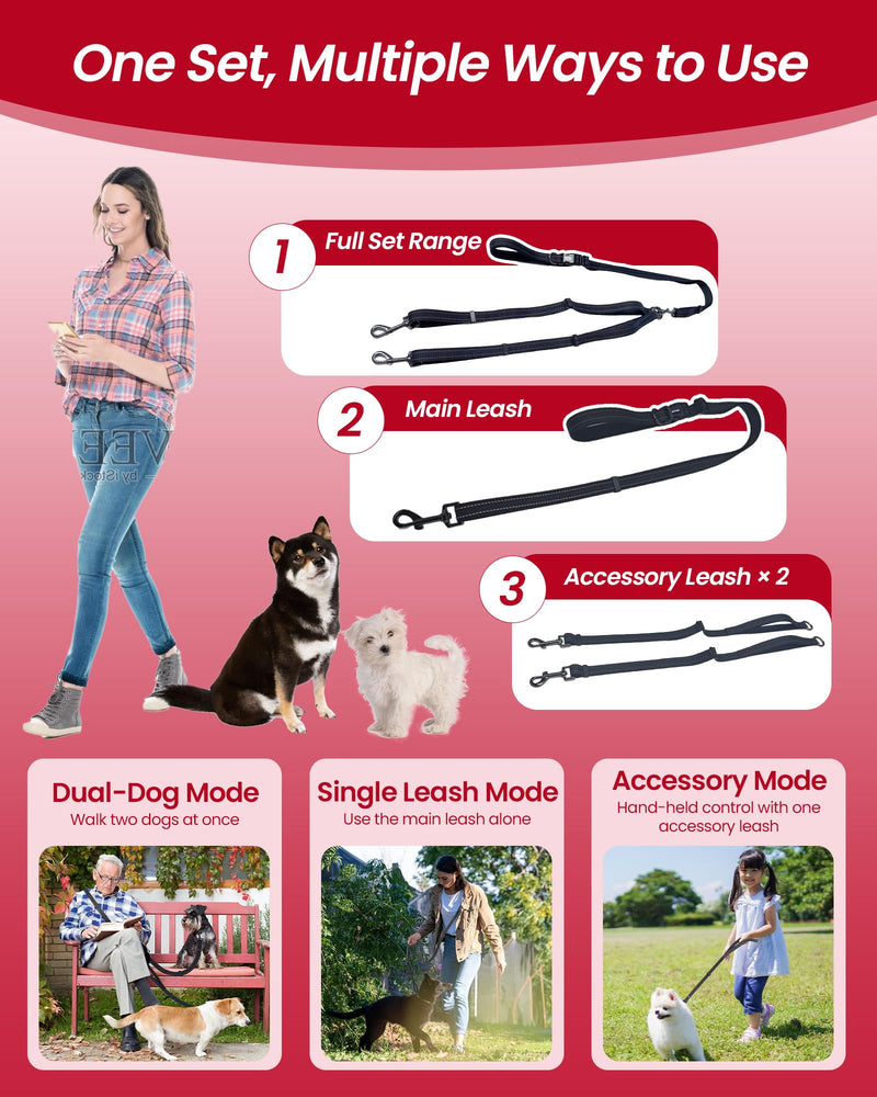 Double Dog Leash - Two Dog Leash No Tangle Design, 3-in-1 Adjustable Waist Belt for Two Dogs, Detachable Dual Leashes, Suitable for Dogs for Training, Running and Walking. Black - BeesActive Australia
