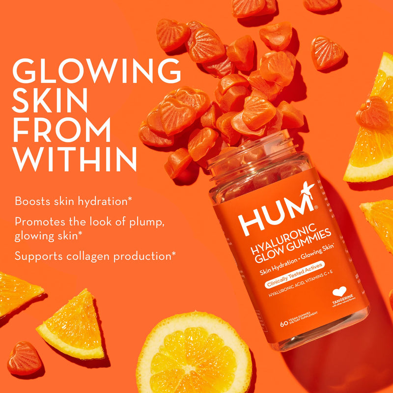HUM Hyaluronic Glow Gummies Hyaluronic Acid, Vitamin C, Tangerine, 60 Count | Low Molecular Hyaluronic Acid, Vitamin C from Amla Fruit, Vitamin E, Tangerine Flavor, Vegan 60 Count (Pack of 1)