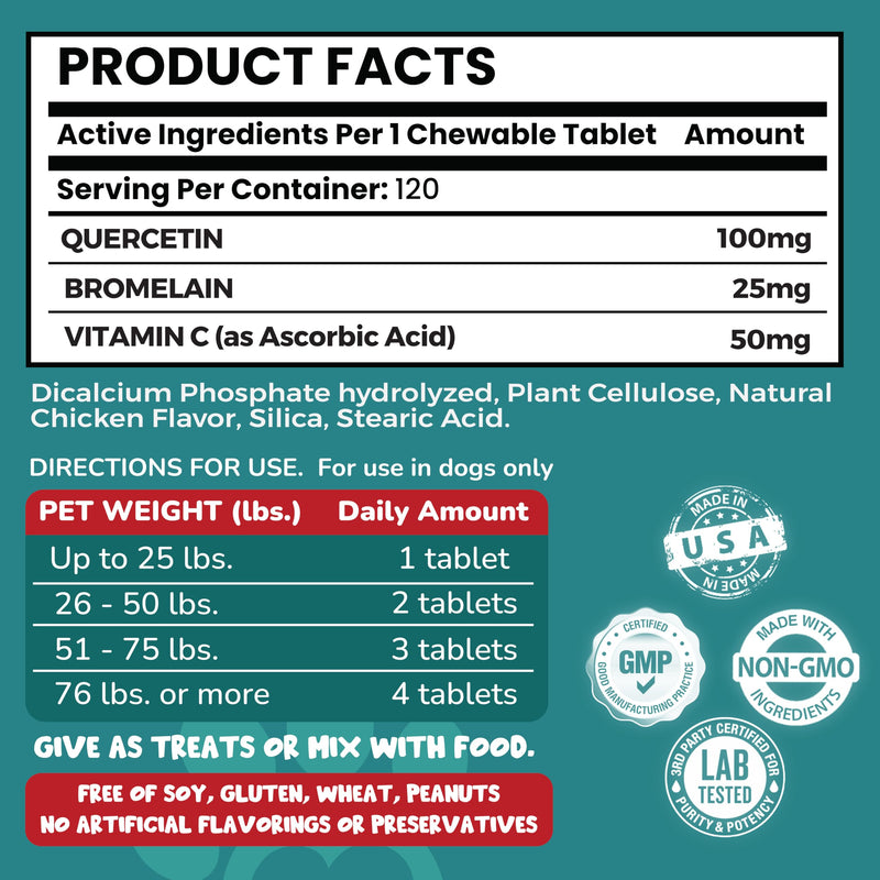 Quercetin for Dogs with Bromelain and Vitamin C | 3-in-1 Supplement for Dog Allergies, Immune Support, Itch Relief, Promote Inflammatory Relief & Antioxidant Activity | 120 Chewable Tablets - PawsPlanet Australia
