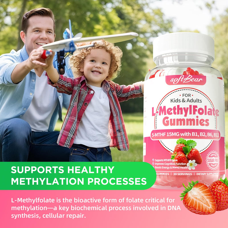 softbear L-Methylfolate Gummies 15mg for Kids & Adults, Organic Methylfolate Supplement 5-MTHF Plus Methyl B12, B1, B2, B6 Support MTHFR Gene, Cognition Function, Strawberry Flavor 120 Count 60 Count (Pack of 2)
