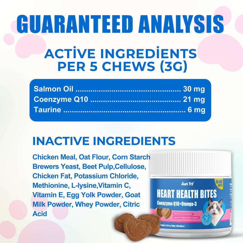 Just Try Coenzyme Q10 coq10 Bites for Cats - Advanced q10 & Taurine Cat treats for Feline Heart Health - Chicken Flavored - Supports Heart Function - 300 Count