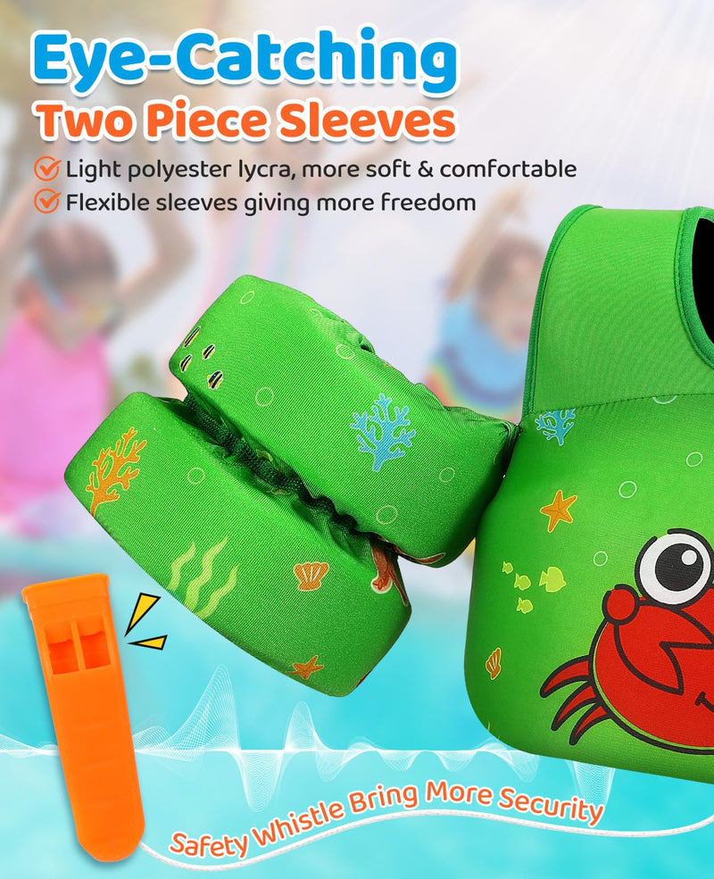 HeySplash Swim Vest for Kids, Toddler Pool Floaties Fit 33-66 Lbs, Children Swimming Vest with Adjustable Strap, Swim Jacket Water Wing Arm Float, Puddle Beach Boat Jumper Boy Girl, Green Crab Y-33-66lbs Green - BeesActive Australia
