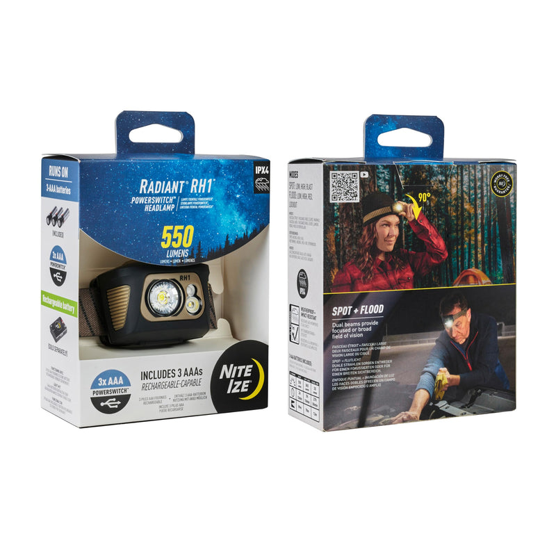 Nite Ize Radiant RH1 PowerSwitch Headlamp - Durable 550 Lumen Headlamp for Visibility at Night - Features Lockout, Spot & Flood Modes, Red/White LEDs, and Innovative PowerSwitch Capabilities