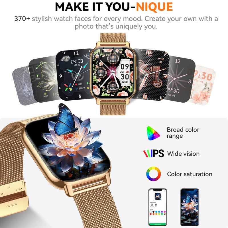 Smart Watch for Women(3 Bands), Smartwatch Fitness Tracker with Bluetooth Calls & AI Voice Control, 1.85’’ HD Screen, Heart Rate/SpO2 Monitor, Sleep Tracker, Compatible with Android iOS (Gold) Gold - BeesActive Australia