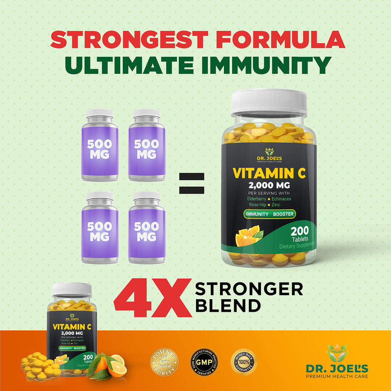 Dr. JOEL'S Immune Support Vitamin C 2000 mg - 200 Tablets - with Zinc, Elderberry, Rose Hip, Echinacea - Boosts Immune System- Made in USA 200 Count (Pack of 1)