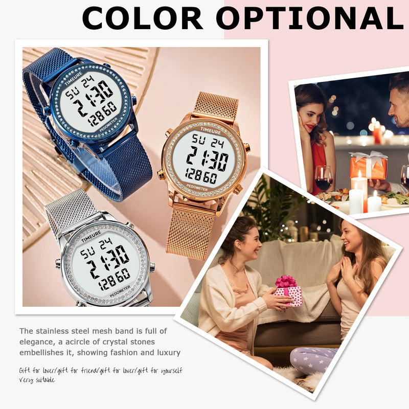 Women's Step Counter Pedometer Watch with Stainless Steel Bracelet, Stylish Design, No App, No Charging Needed for Step, Calorie, Distance, Alarm, Countdown Timer，TU-2401 CRYSTAL Silver - BeesActive Australia