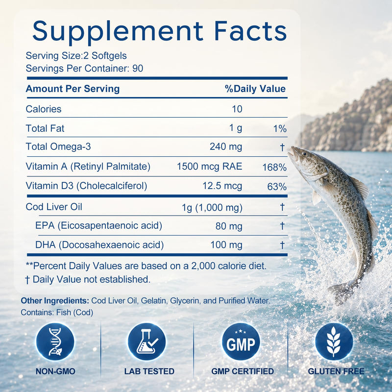 Cod Liver Oil 180 Softgels, 1,000mg Per Serving Wild-Caught Icelandic Cod | Omega 3, Vitamins A & D3, EPA, DHA | Cod Liver Oil Supplement Non-GMO, Third-Party Tested for Heart, Brain & Immune Support 180 Count (Pack of 1)
