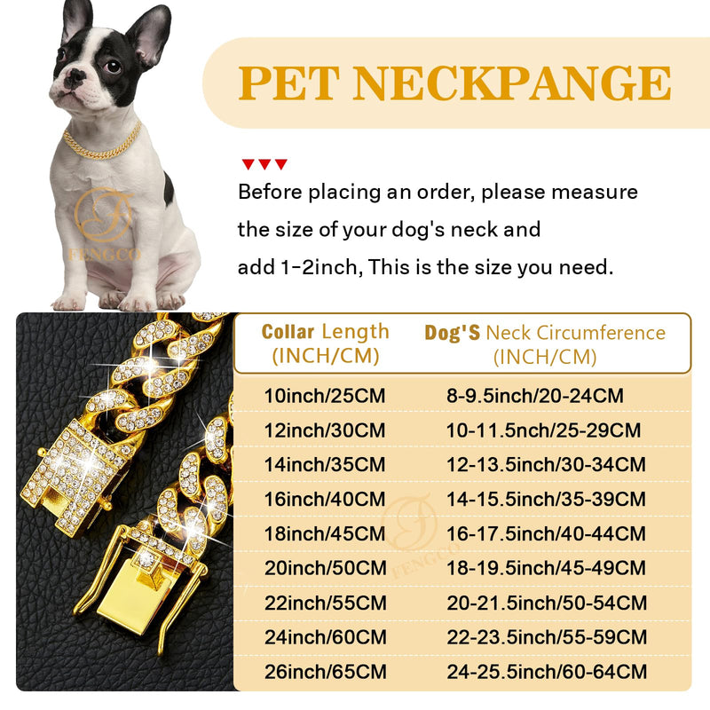 Gold Dog Chain Collar Diamond Cuban Link Dog Collar 13mm Wide Dog Necklace Metal Cat Chain Pet Crystal Collar Jewelry Accessories for Small Medium Large Dogs Cats(10inch) 10inch Gold - BeesActive Australia