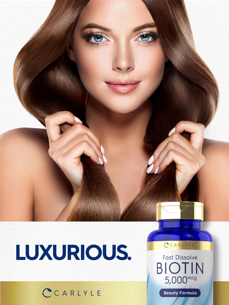 Carlyle Biotin 5000mcg | 250 Fast Dissolve Tablets | for Hair, Skin & Nails | Vegetarian, Non-GMO and Gluten Free Supplement 250 Count (Pack of 1)
