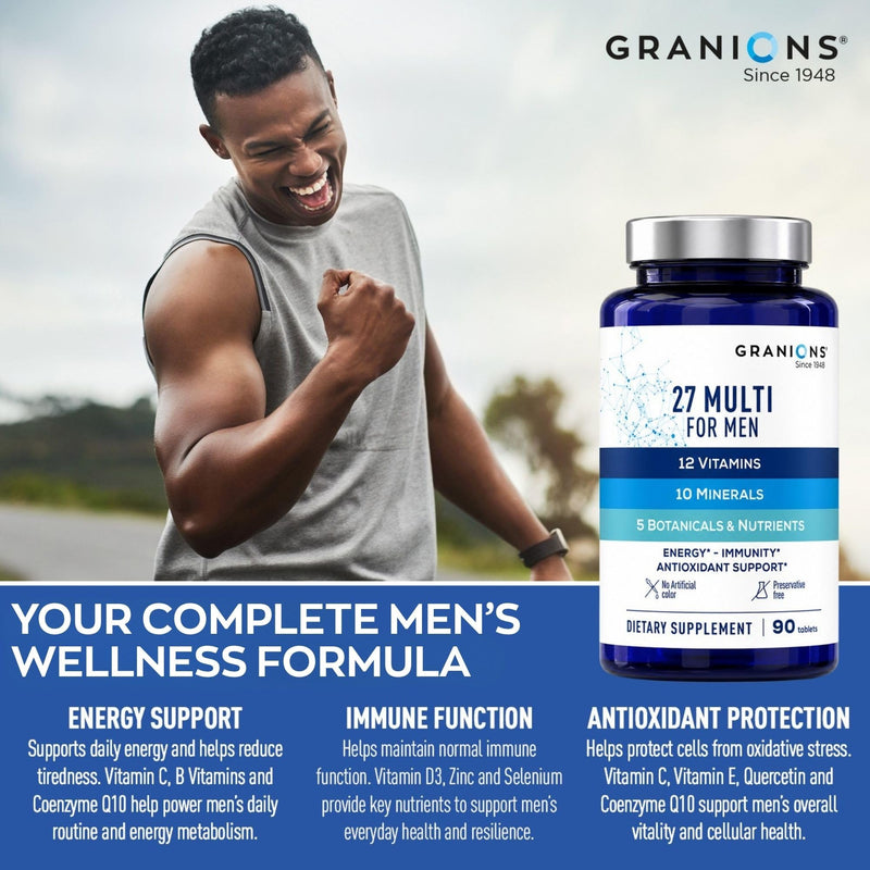 Granions 27 Mens Multivitamins Minerals Extracts - Vitamin D3, C, B12, Zinc, Magnesium, CoQ10, Quercetin, Maca Plus Multivitamin - Daily Mens Vitamins Supplement Multi for Men - 90 Tablets