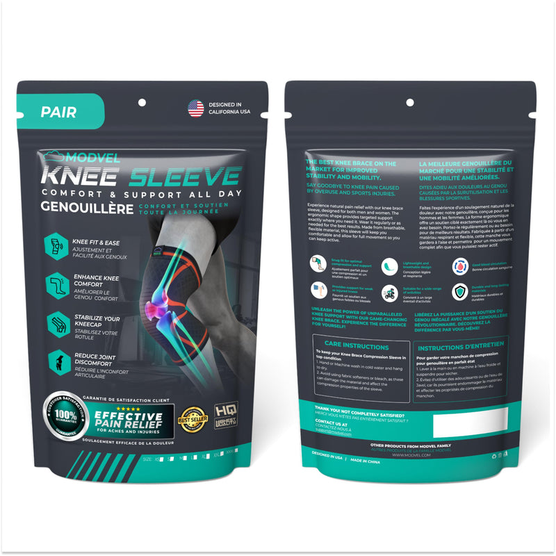Modvel Compression Knee Brace for Women & Men, 2-Pack Knee Brace for Running Knee Pain, Knee Support Compression Sleeve, Workout Sports Knee Braces for Meniscus Tear, ACL & Arthritis Pain Relief Large A Black