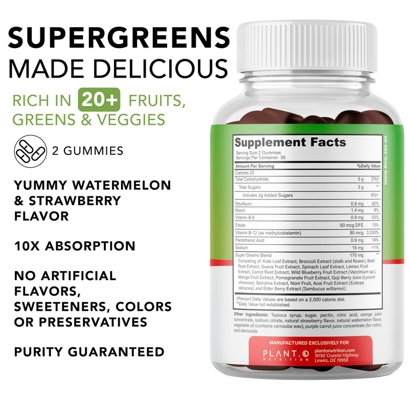 SuperGreens Gummies | Daily Greens Superfood with Fruits, Vegetables & Vitamins to Boost Immunity, Cognitive & Gut Health | Watermelon & Strawberry Flavor | 60 Super Gummies
