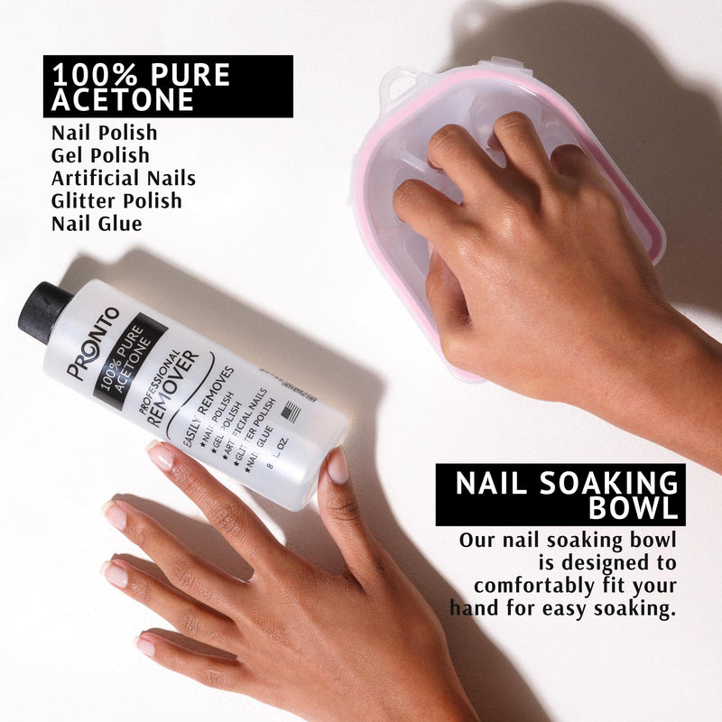 Pronto Gel Nail Polish Remover Kit – 8 Oz Pure Acetone 100 Percent, Nail File, Nail Polish Soak Off Bowl, Cuticle Oil for Nail Care + Manicure Set with Nail Buffer Block, Cuticle Pusher & Nail scraper 8 Fl Oz + Kit Bowl