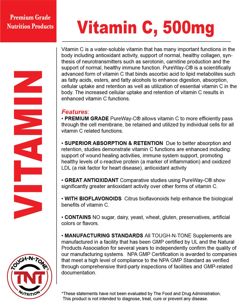 TOUGH-N-TONE Premium Grade Vitamin C, 500mg of Essential Vitamin C from Branded PureWay-C® in a Vegetarian Capsule.