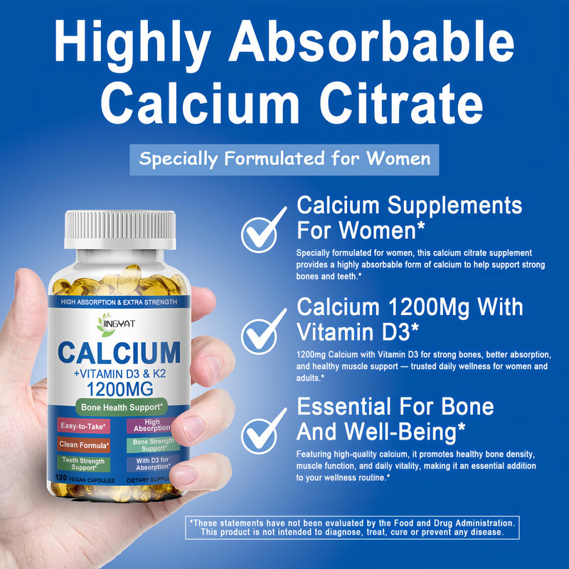 Calcium Supplements for Women - Calcium 1200 mg with Vitamin D3 & K2 - High Absorption Extra Strength Calcium Citrate for Bone Health, Strength, Density, Muscle, Heart Support - Slow Release, Non-GMO