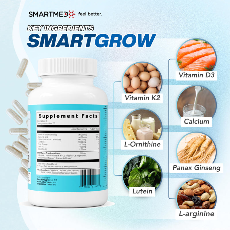 SmartGrow Premium Growth Formula for Teens – Bone, Brain, Sleep & Eye Support – Calcium, Vitamin D3, L-Theanine – Daily Wellness Supplement (180 Capsules) – 3 Month Supply 90 Count (Pack of 2)